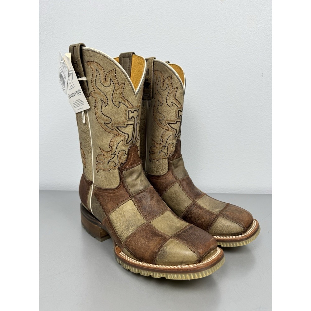 Tin Haul Cowboy Boots Mens 9D Brown Beige Checkered Leather Square Western NWT‎